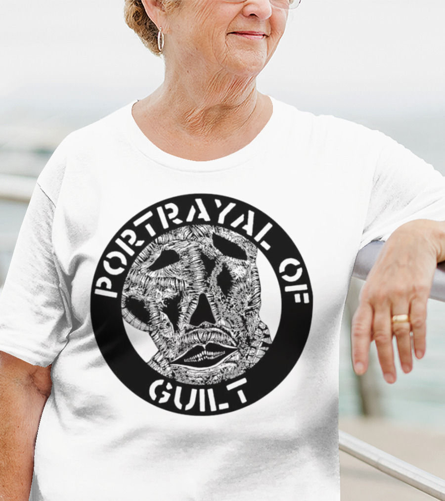 PORTRAYAL OF GUILT Circle Logo With Abstract Face T-Shirt