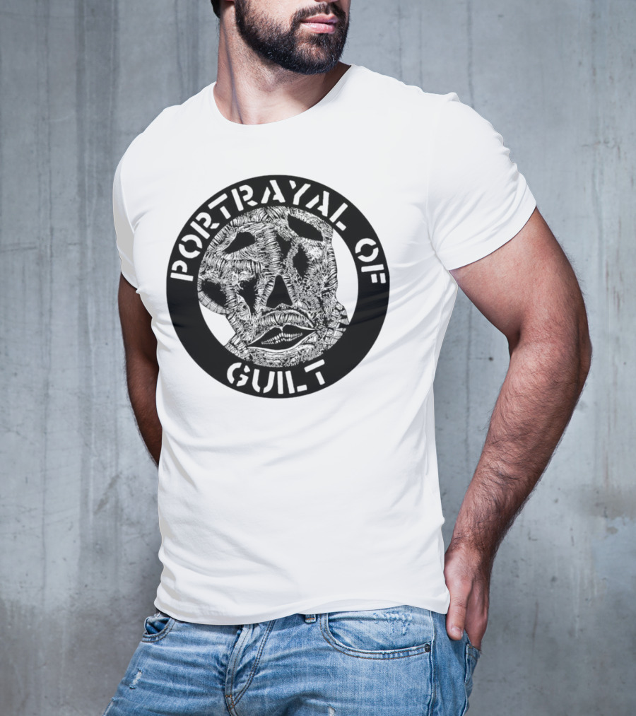 PORTRAYAL OF GUILT Circle Logo With Abstract Face T-Shirt
