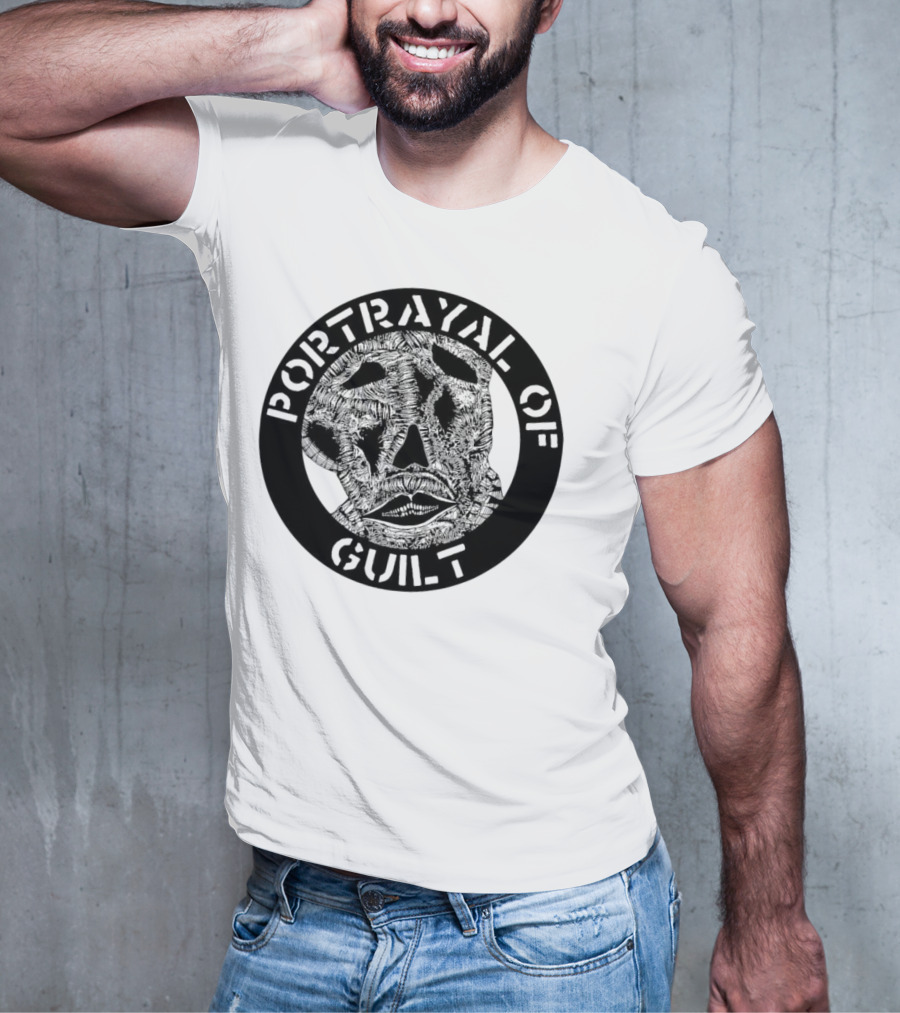 PORTRAYAL OF GUILT Circle Logo With Abstract Face T-Shirt