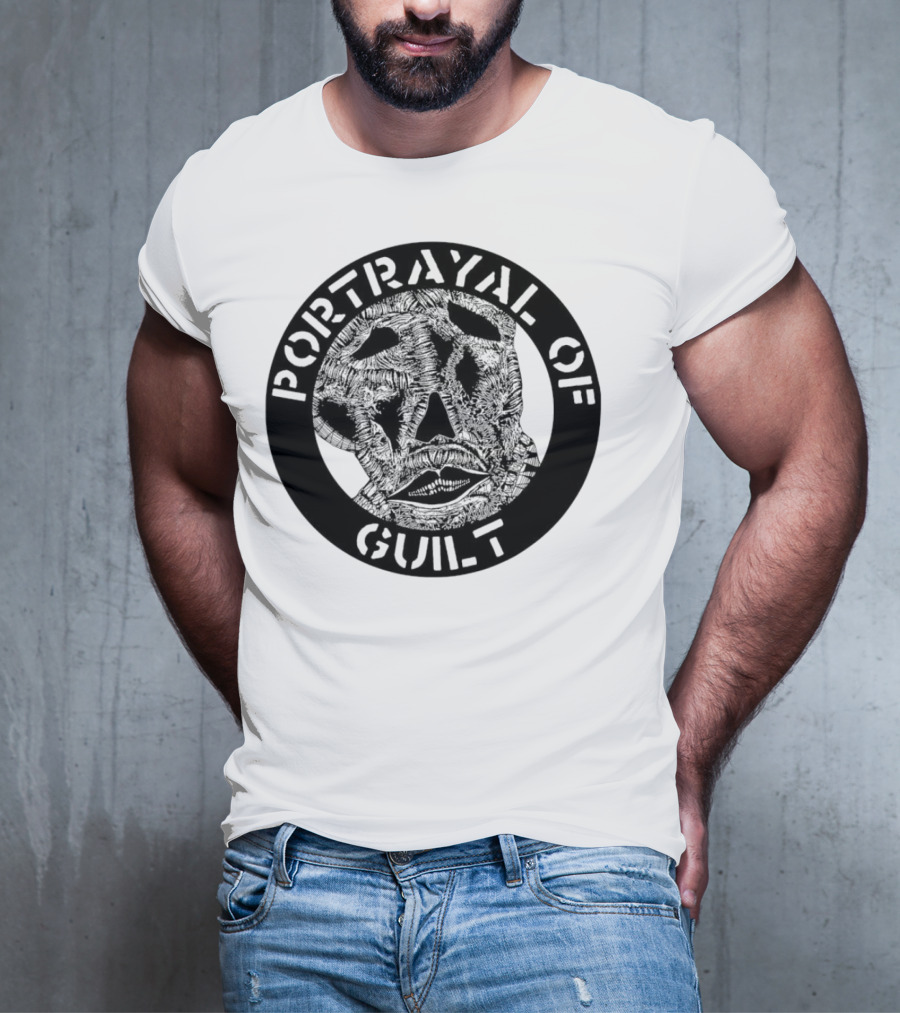PORTRAYAL OF GUILT Circle Logo With Abstract Face T-Shirt