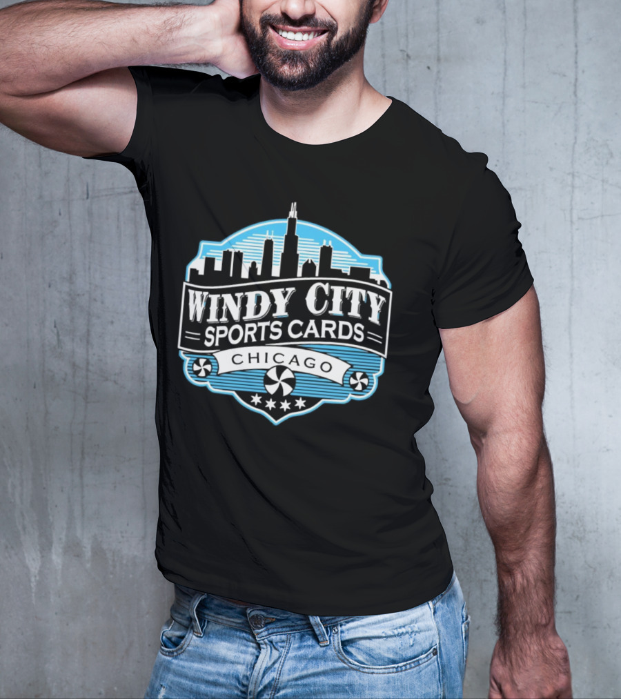 Windy City Sports Cards Chicago Skyline With Stars And Peppermint Swirls T-Shirt