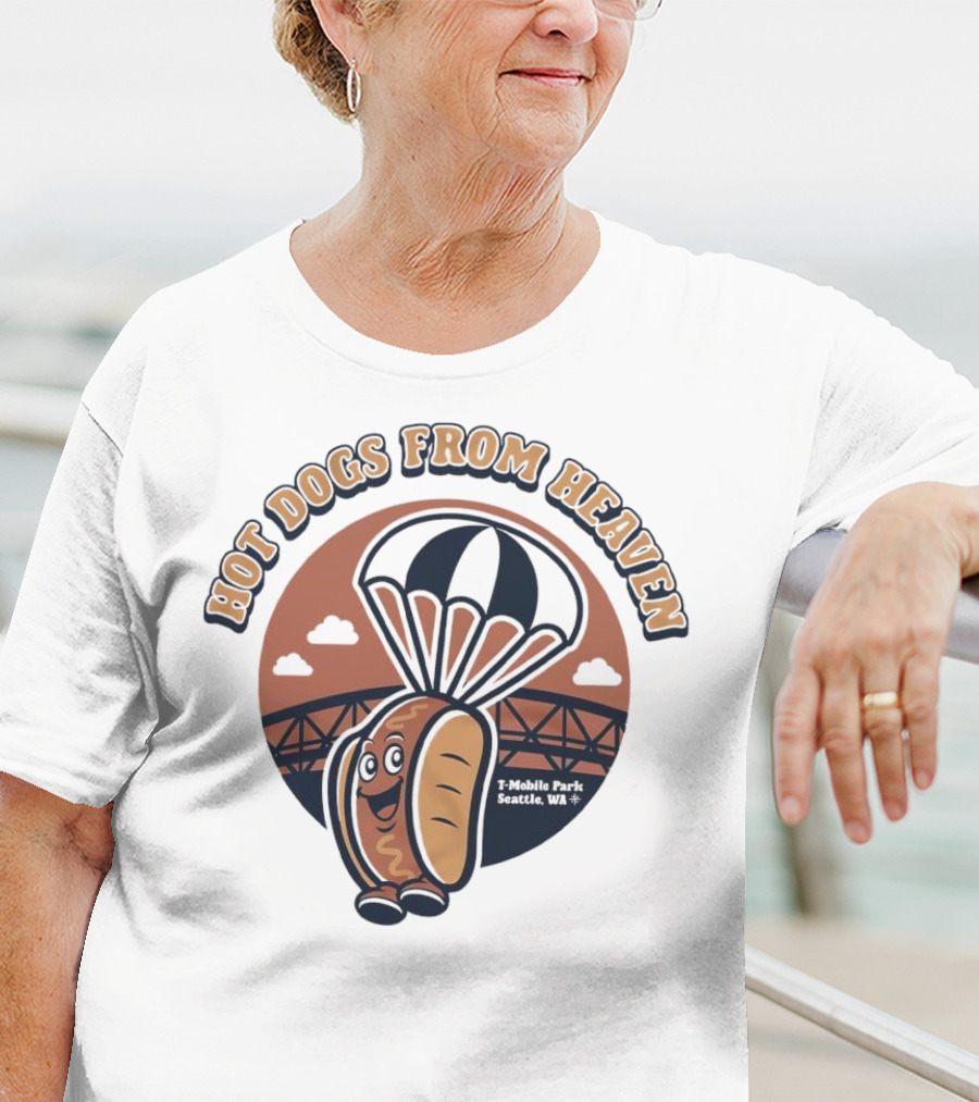 Hot Dogs From Heaven Parachuting Smiling Hot Dog Over Bridge T-Shirt