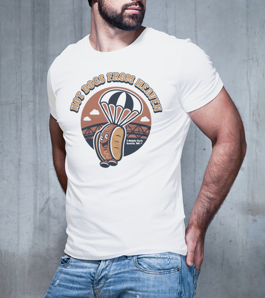 Hot Dogs From Heaven Parachuting Smiling Hot Dog Over Bridge T-Shirt