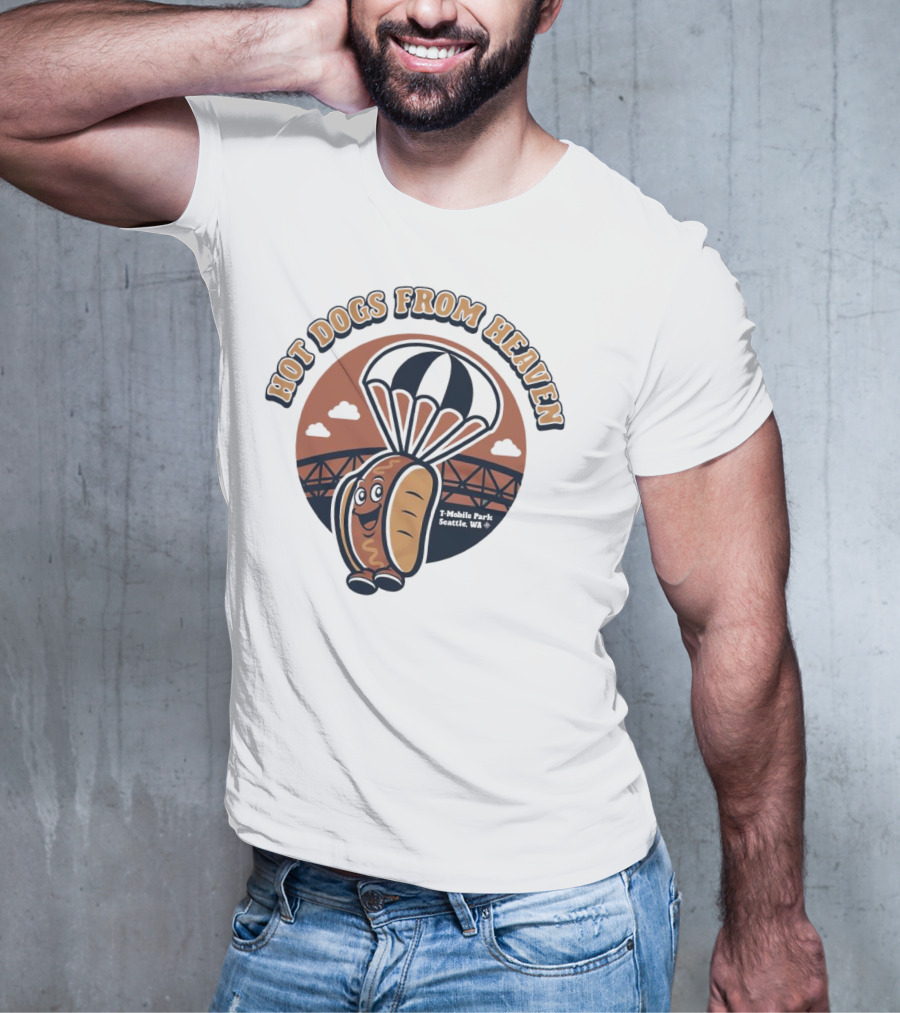 Hot Dogs From Heaven Parachuting Smiling Hot Dog Over Bridge T-Shirt