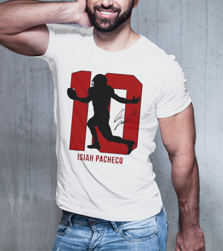 Isiah Pacheco Number 10 Kansas City Chiefs Silo Signature Action T-Shirt
