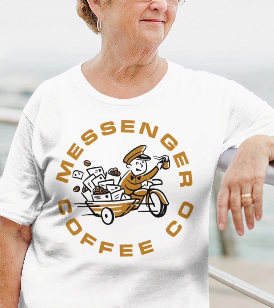 Messenger Coffee Co Joe Gatto Mailman With Coffee Cup T-Shirt