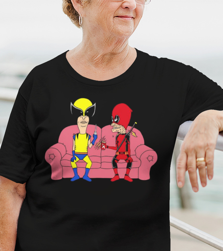 Beavis And Butt-Head X Deadpool And Wolverine Characters Crossover Cartoon Sitting On Couch T-Shirt