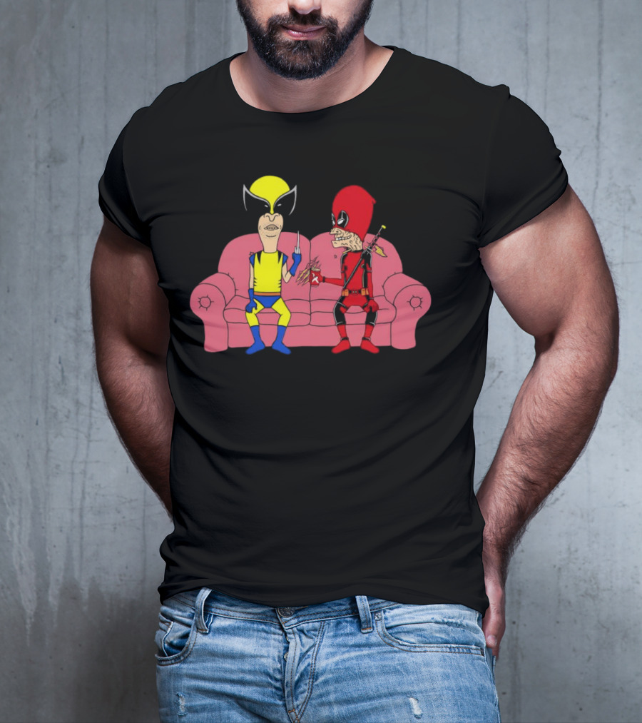 Beavis And Butt-Head X Deadpool And Wolverine Characters Crossover Cartoon Sitting On Couch T-Shirt