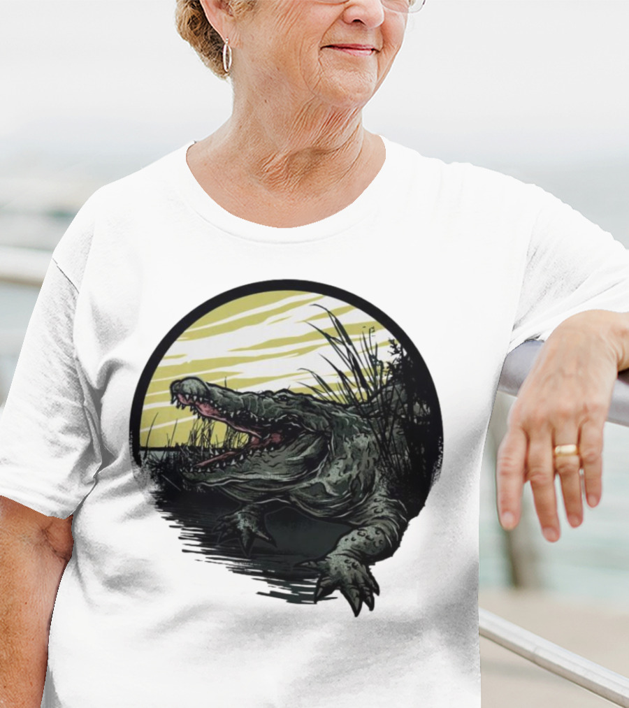 Crocodile Emerging From Water With Yellow Sky And Reeds T-Shirt