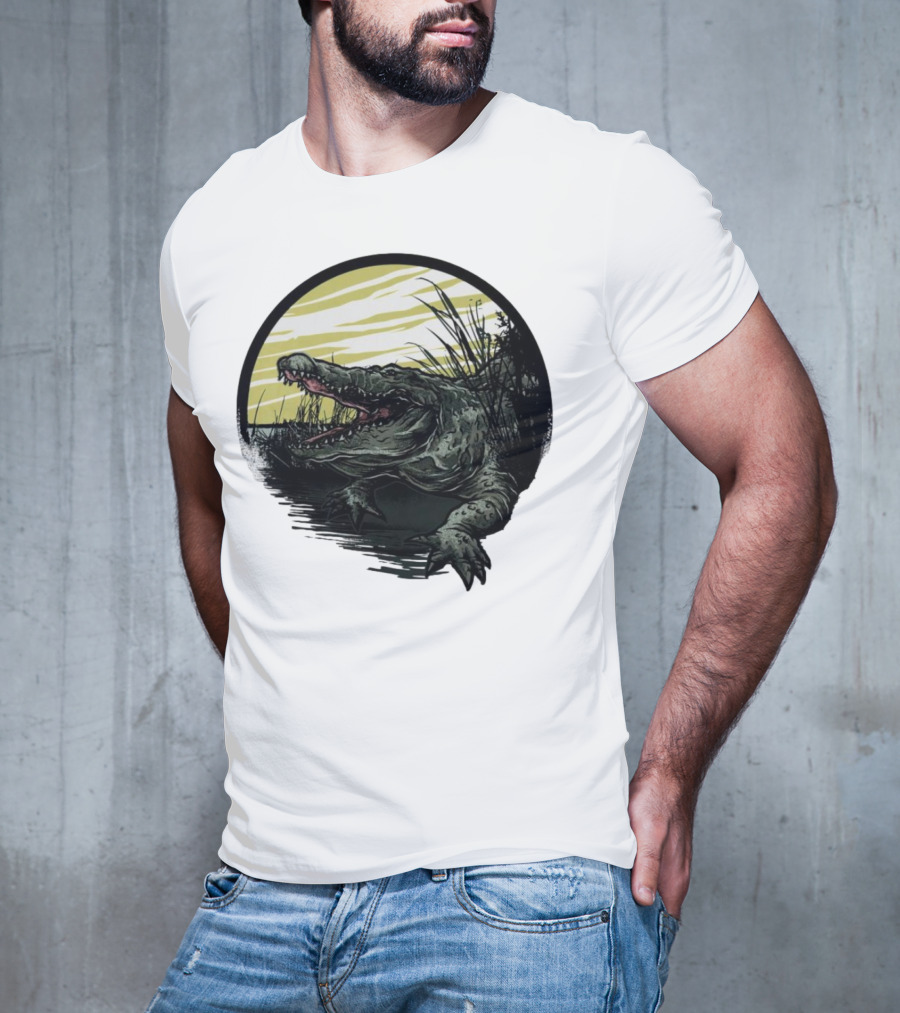 Crocodile Emerging From Water With Yellow Sky And Reeds T-Shirt