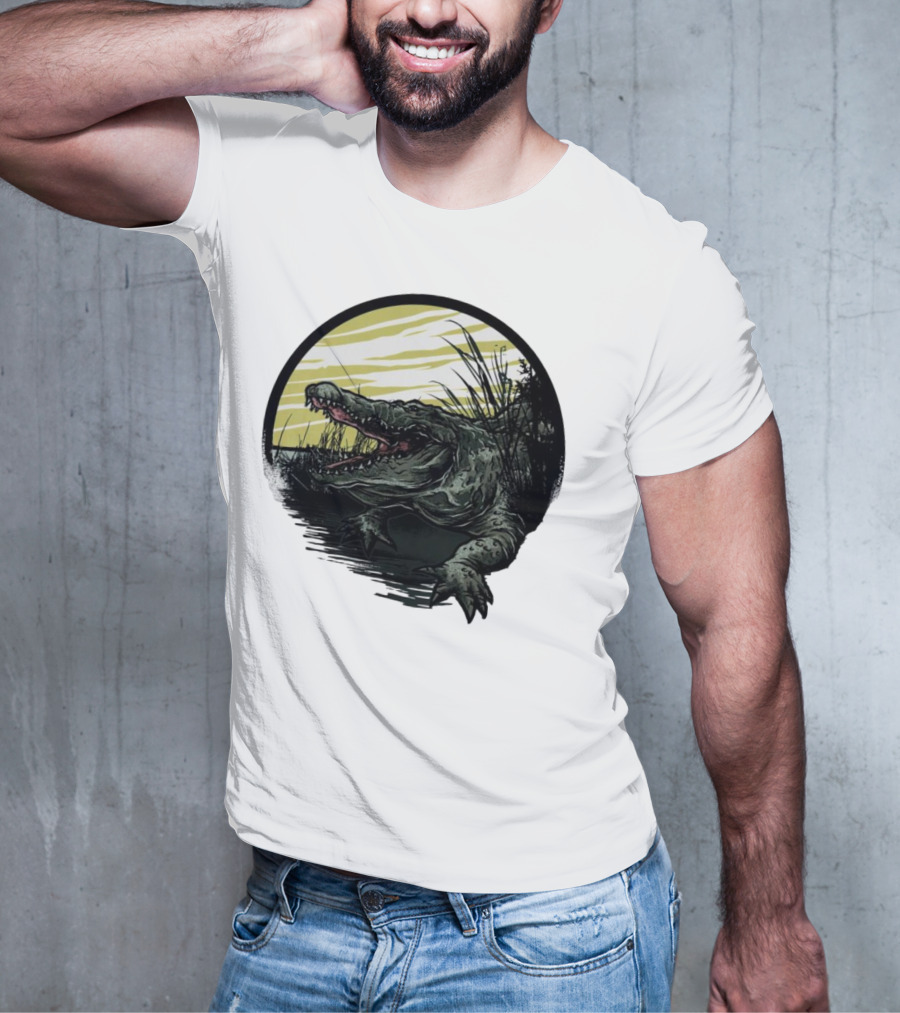 Crocodile Emerging From Water With Yellow Sky And Reeds T-Shirt