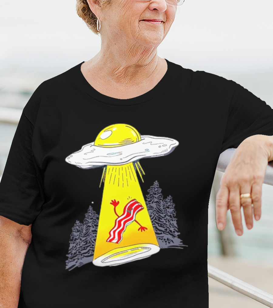 Wonder Nation Alien Breakfast Egg UFO Beaming Up A Walking Bacon Slice In Forest T-Shirt