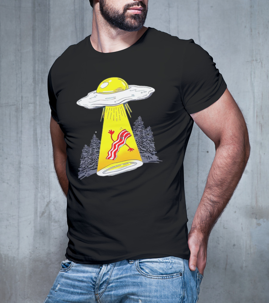 Wonder Nation Alien Breakfast Egg UFO Beaming Up A Walking Bacon Slice In Forest T-Shirt