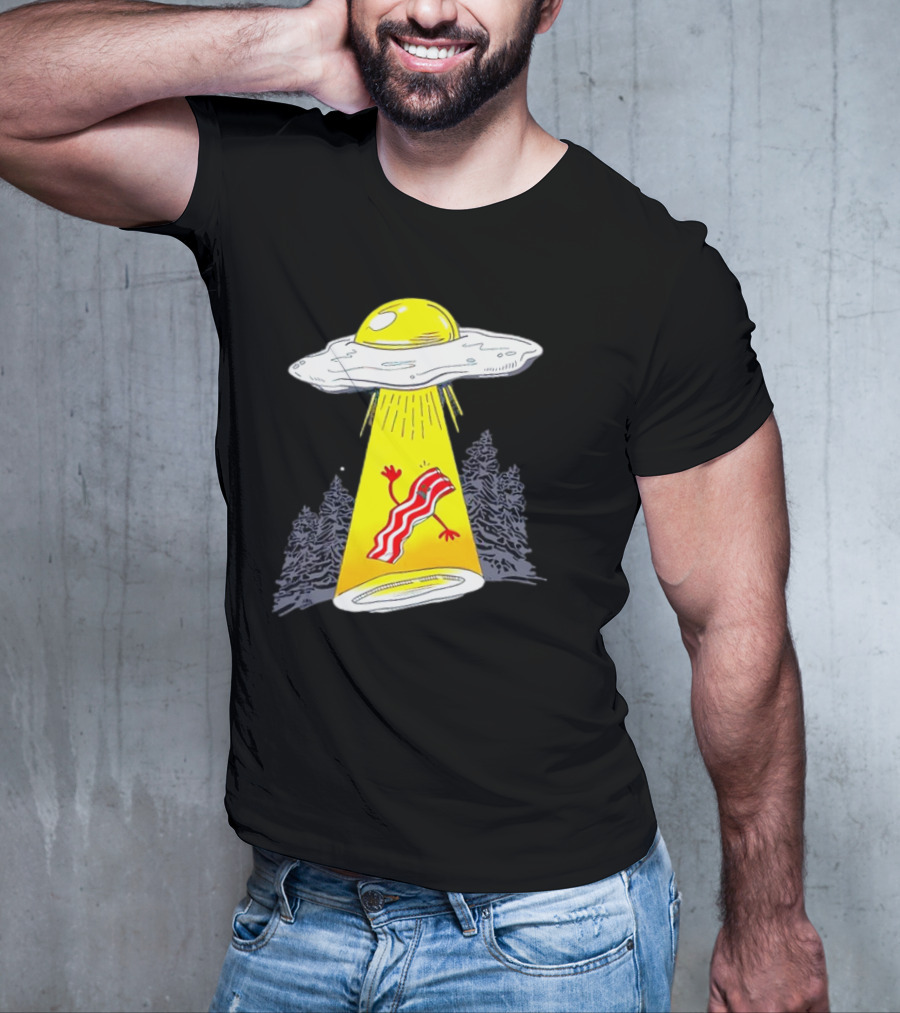 Wonder Nation Alien Breakfast Egg UFO Beaming Up A Walking Bacon Slice In Forest T-Shirt