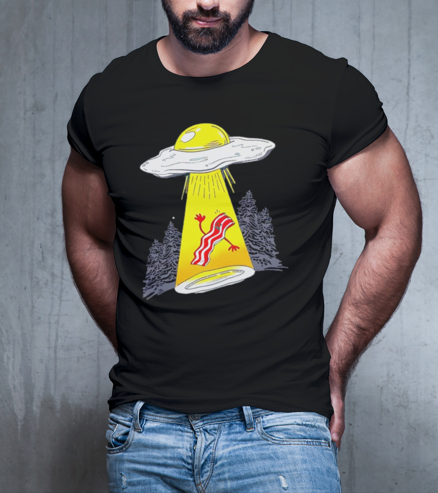 Wonder Nation Alien Breakfast Egg UFO Beaming Up A Walking Bacon Slice In Forest T-Shirt