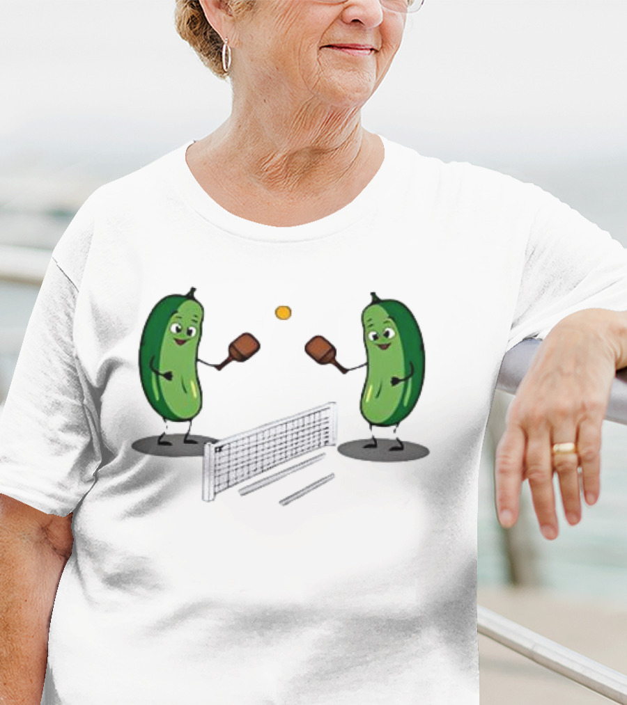 Pickles Playing Pickleball With Smiling Characters And Paddles T-Shirt