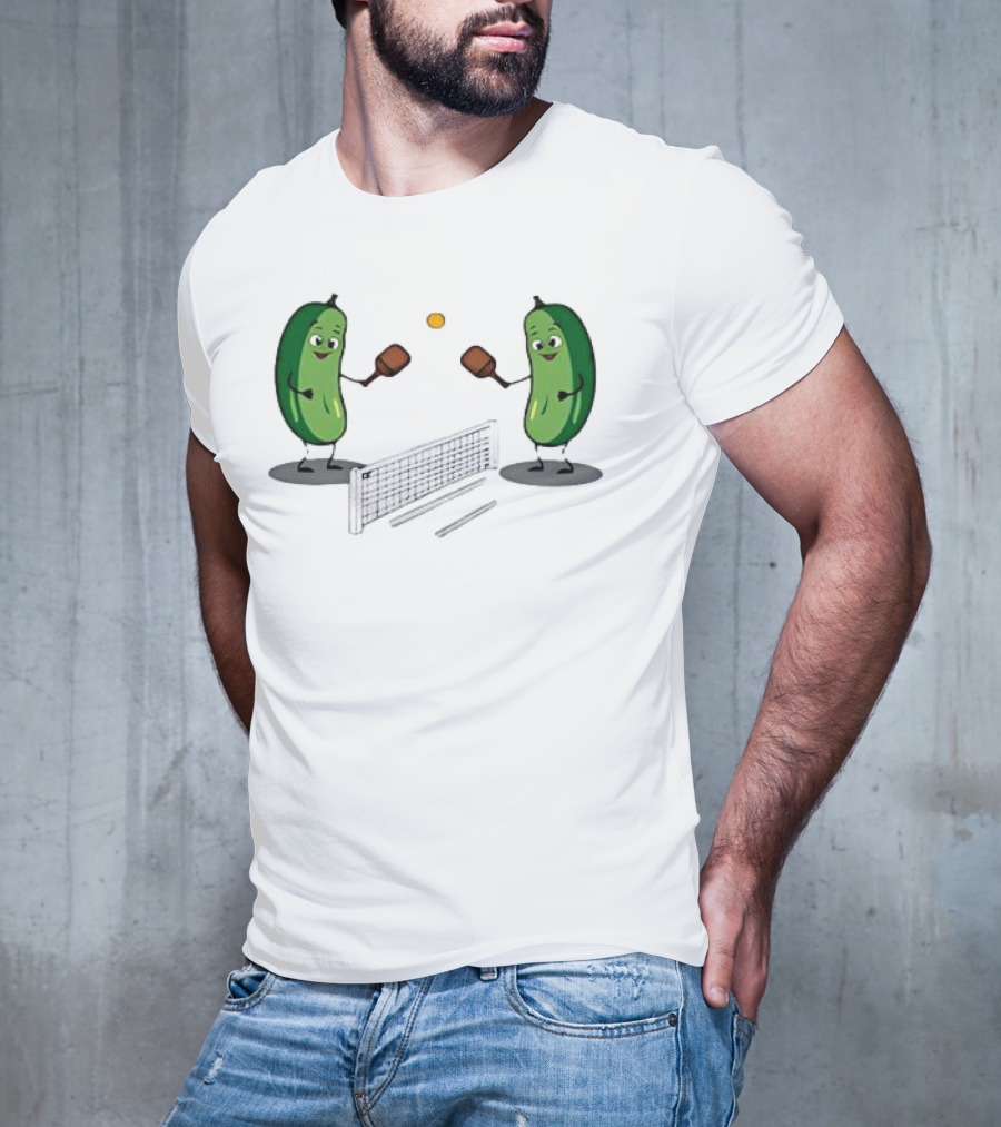 Pickles Playing Pickleball With Smiling Characters And Paddles T-Shirt
