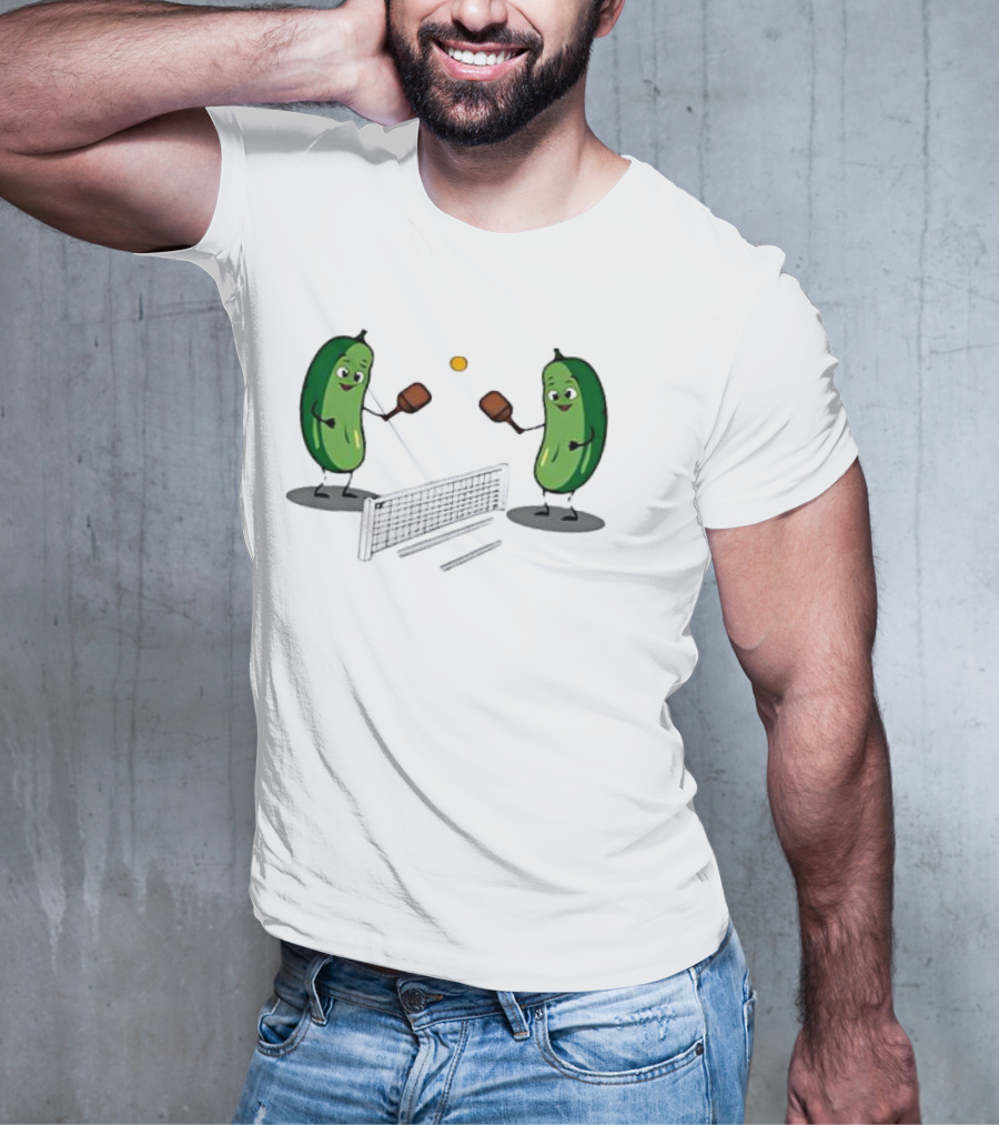 Pickles Playing Pickleball With Smiling Characters And Paddles T-Shirt