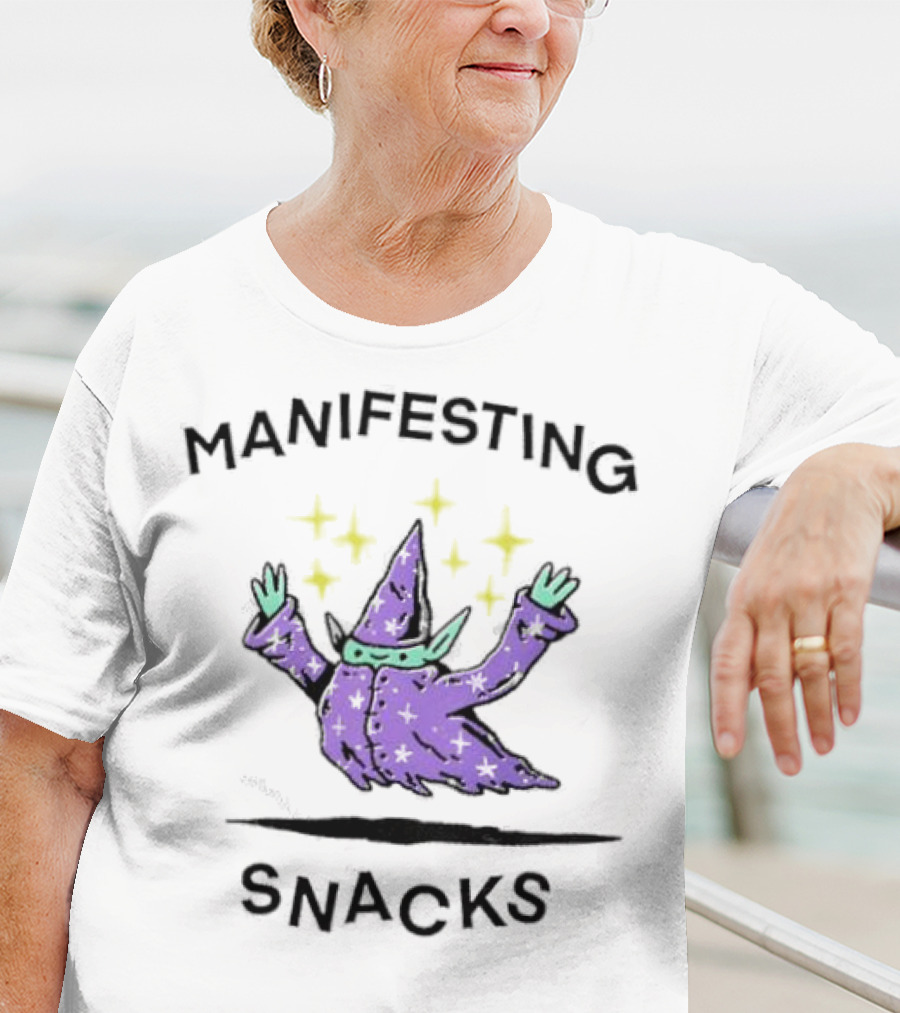 Manifesting Snacks Flying Wizard With Stars T-Shirt