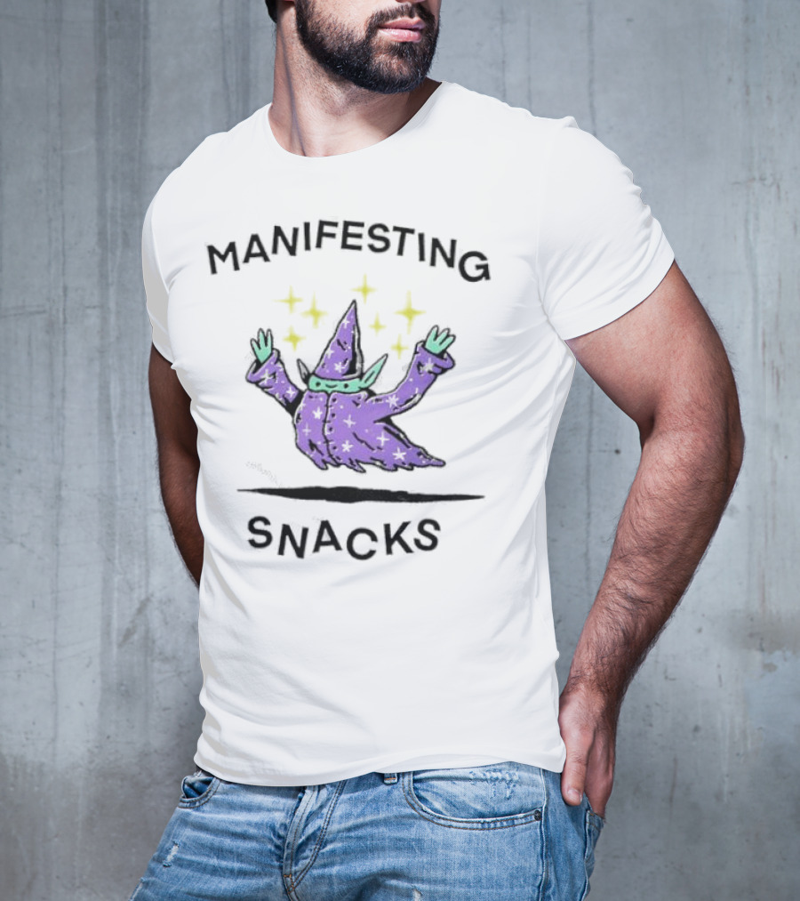 Manifesting Snacks Flying Wizard With Stars T-Shirt