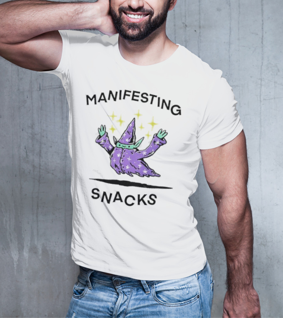 Manifesting Snacks Flying Wizard With Stars T-Shirt