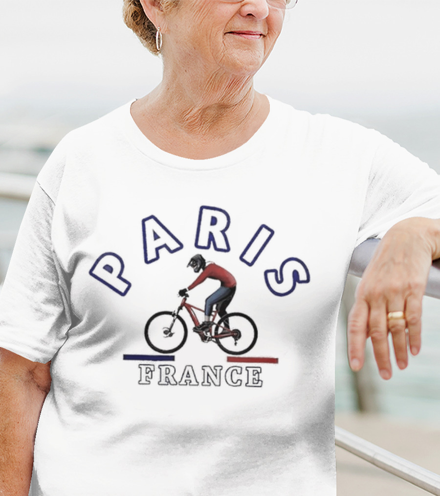 PARIS FRANCE BICYCLE RIDER IN RED AND BLUE T-Shirt