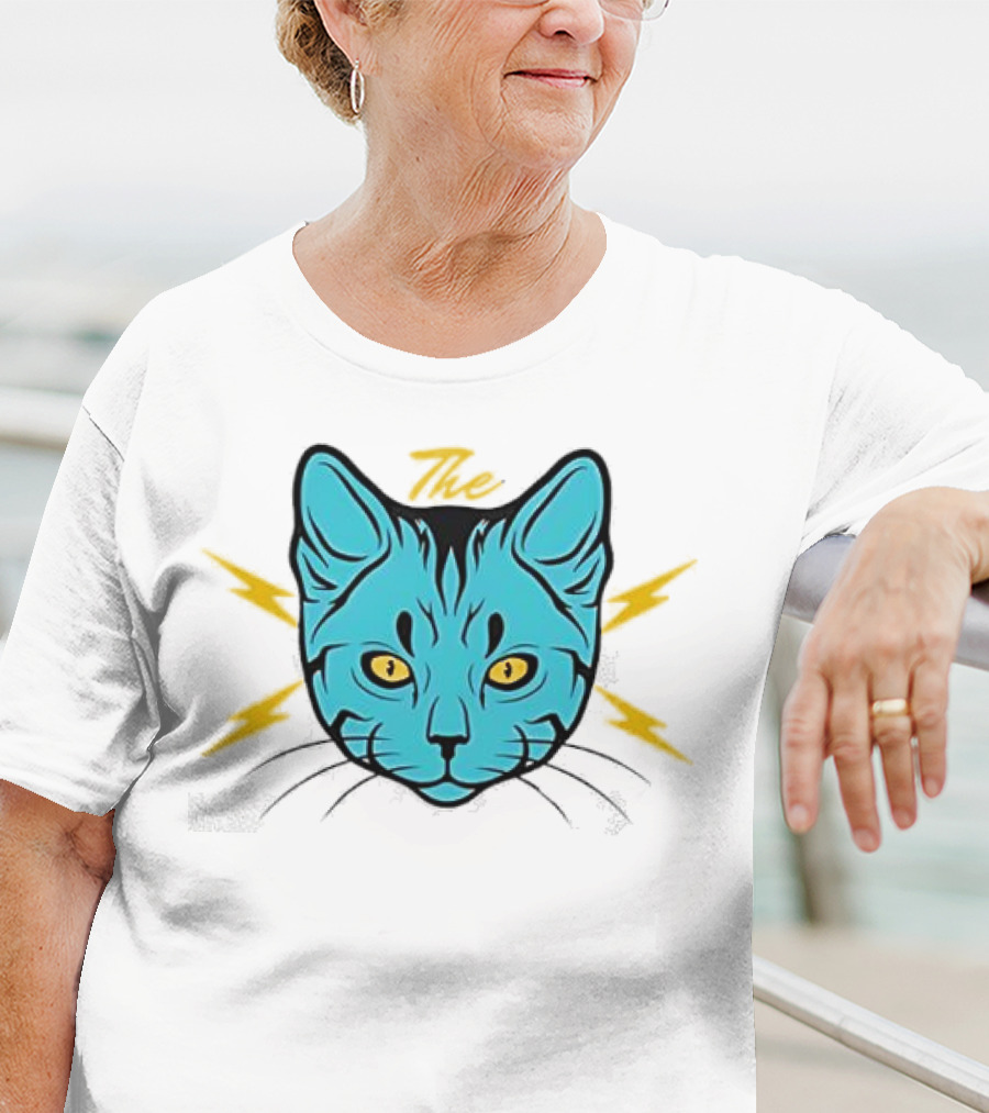 The Cat Thunder Studio Blue Cat Head With Yellow Lightning Bolts T-Shirt