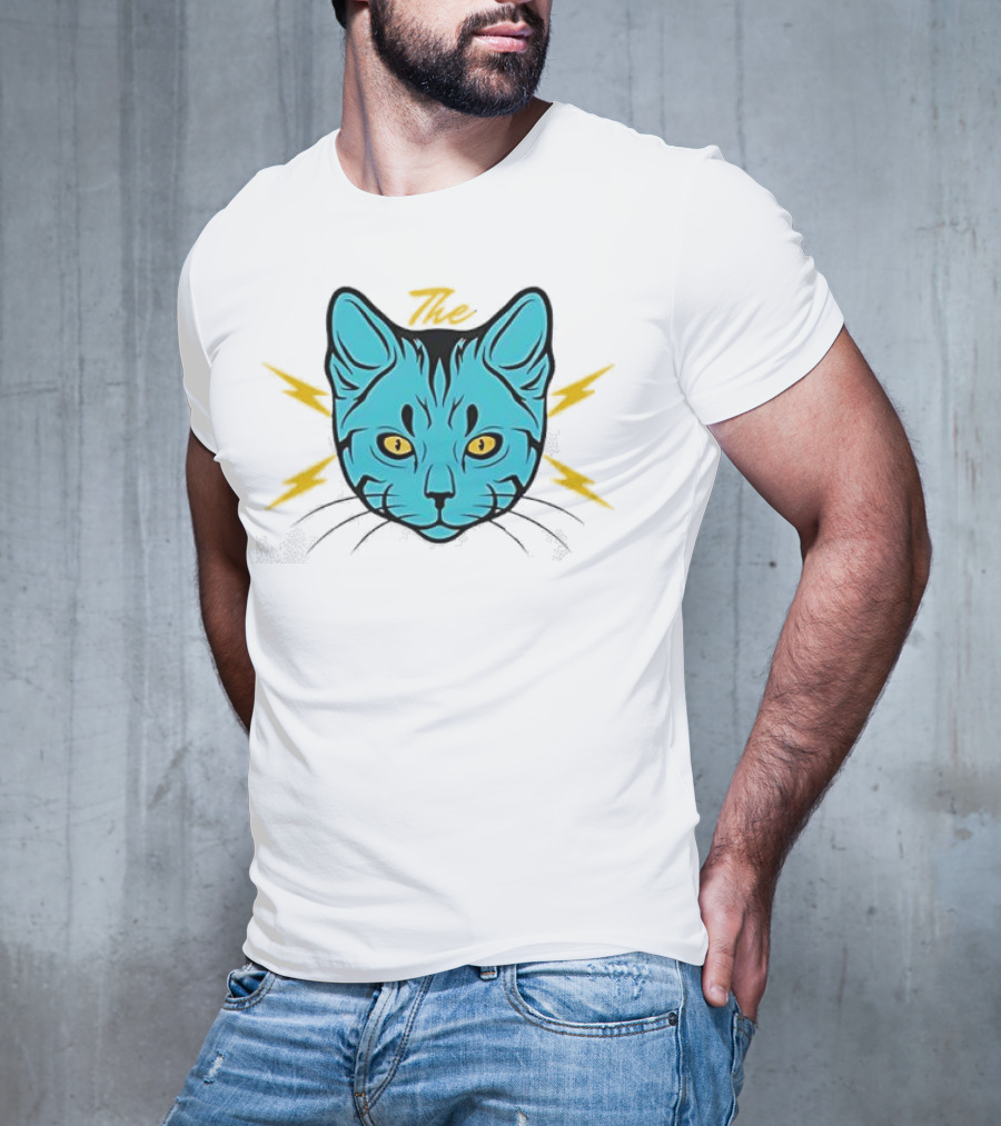 The Cat Thunder Studio Blue Cat Head With Yellow Lightning Bolts T-Shirt