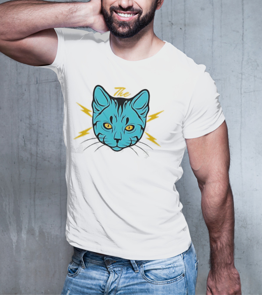 The Cat Thunder Studio Blue Cat Head With Yellow Lightning Bolts T-Shirt