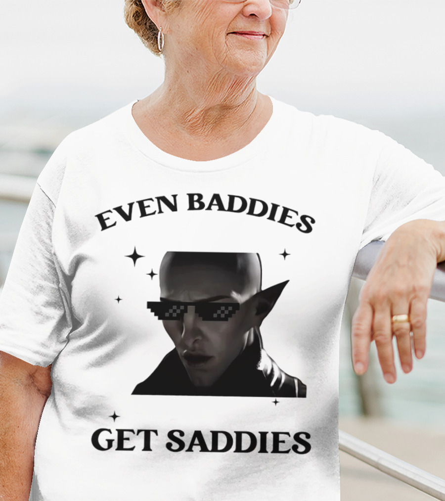 Even Baddies Get Saddies Pixelated Sunglasses Bald Elf Character T-Shirt