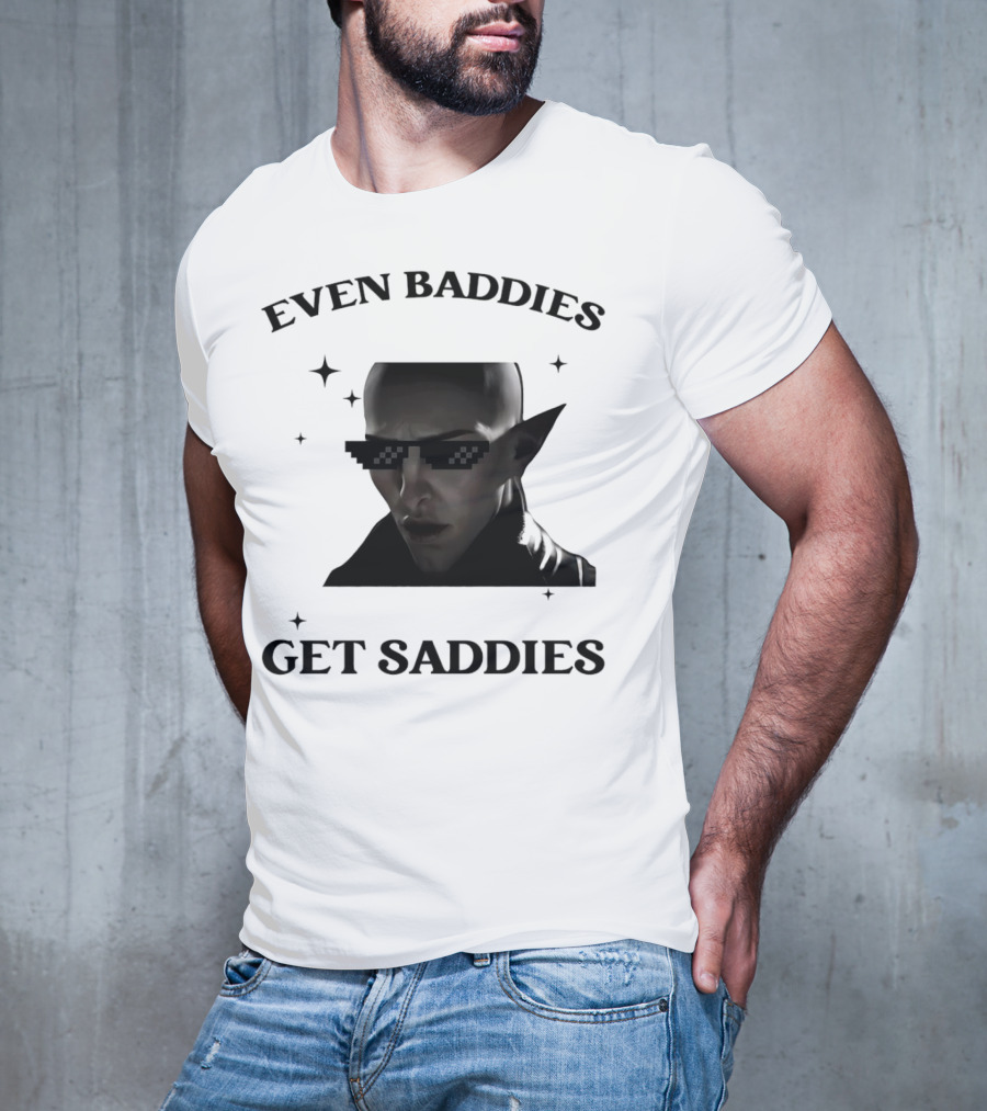 Even Baddies Get Saddies Pixelated Sunglasses Bald Elf Character T-Shirt