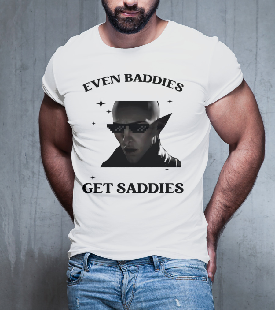 Even Baddies Get Saddies Pixelated Sunglasses Bald Elf Character T-Shirt