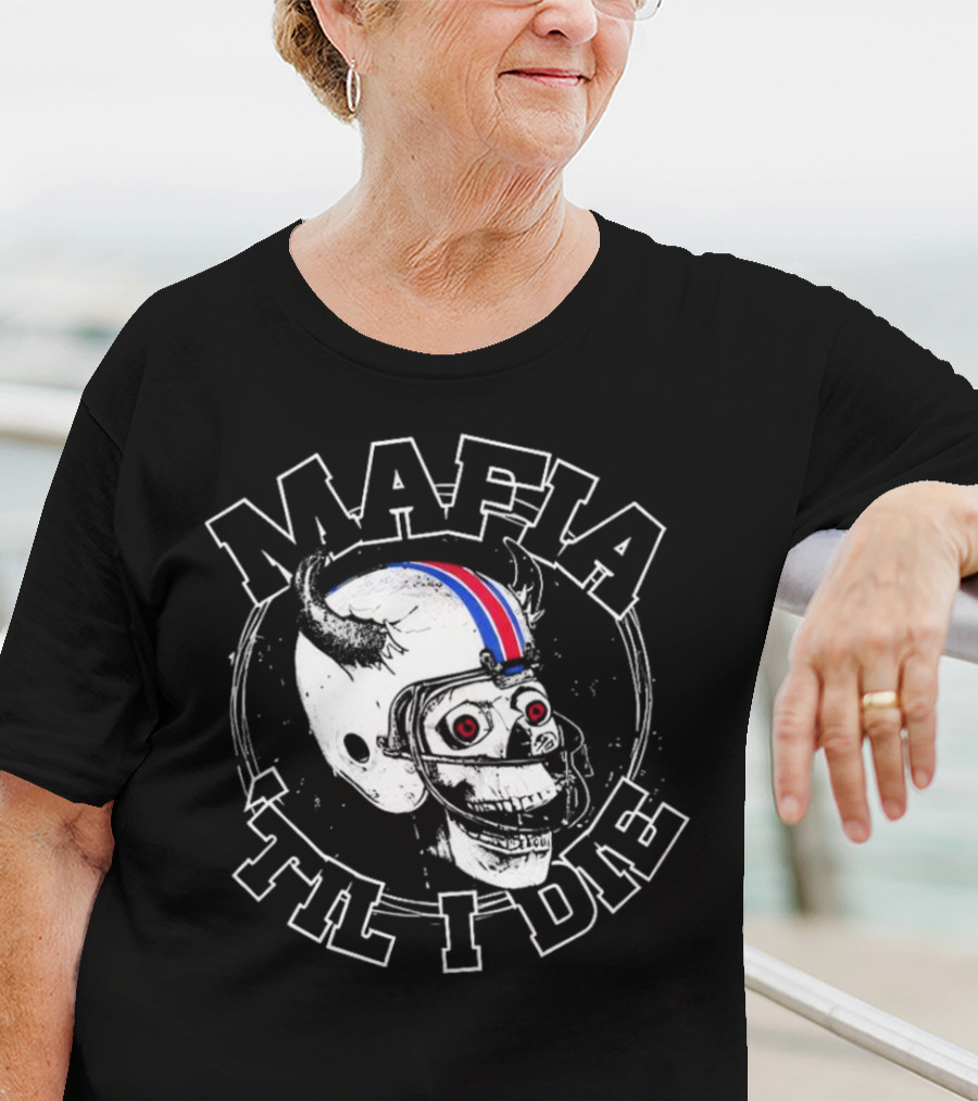 Mafia ‘Til I Die Skull Wearing Football Helmet With Horns And Red Blue Stripe T-Shirt