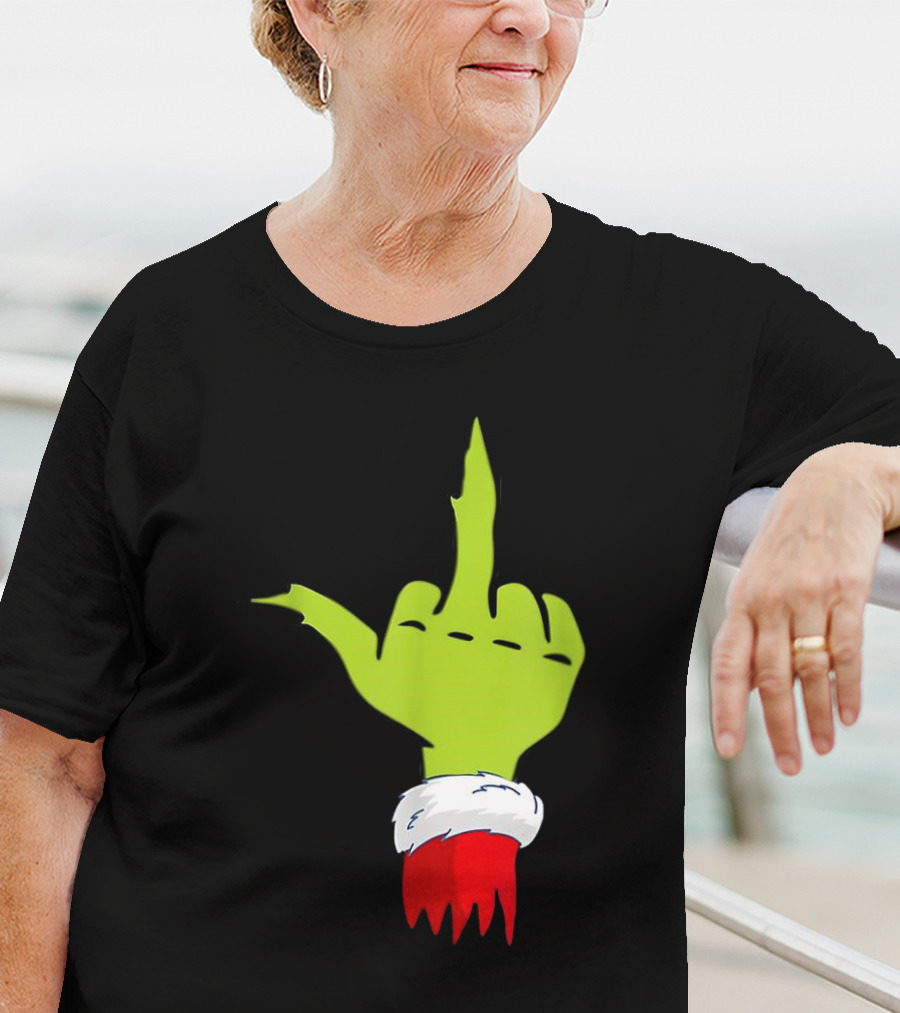 Grinch Middle Finger Merry Christmas Santa Hand Gesture T-Shirt