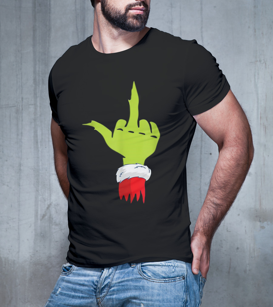 Grinch Middle Finger Merry Christmas Santa Hand Gesture T-Shirt