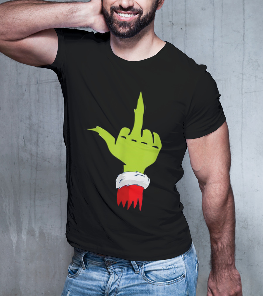 Grinch Middle Finger Merry Christmas Santa Hand Gesture T-Shirt