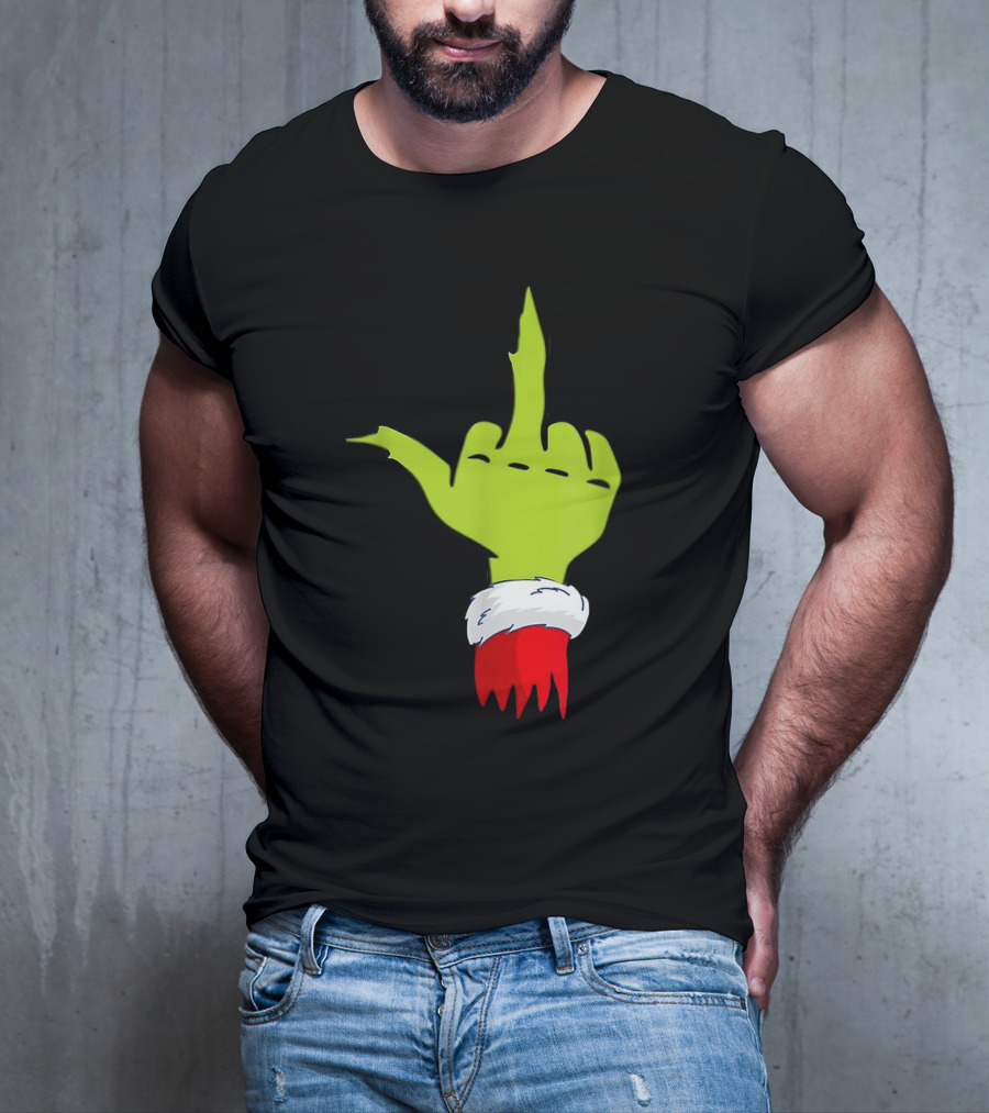 Grinch Middle Finger Merry Christmas Santa Hand Gesture T-Shirt