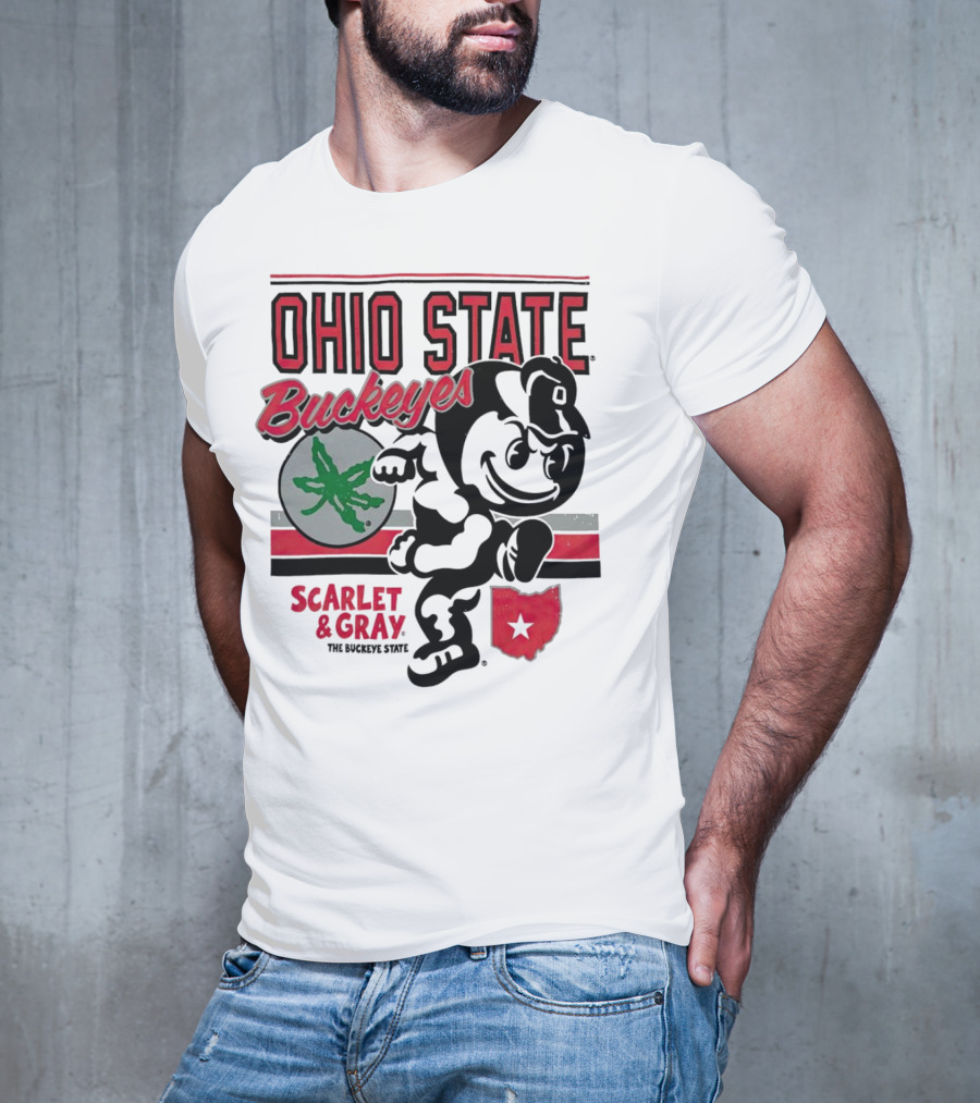Ohio State Buckeyes Scarlet And Gray Buckeyes State Vintage Style With Script Logo And Buckeye Leaf T-Shirt