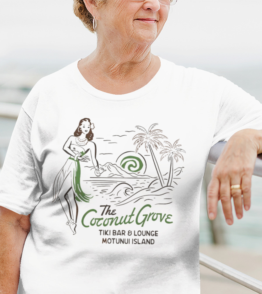 The Coconut Grove Tiki Bar And Lounge Motunui Island Woman With Palm Trees And Waves T-Shirt