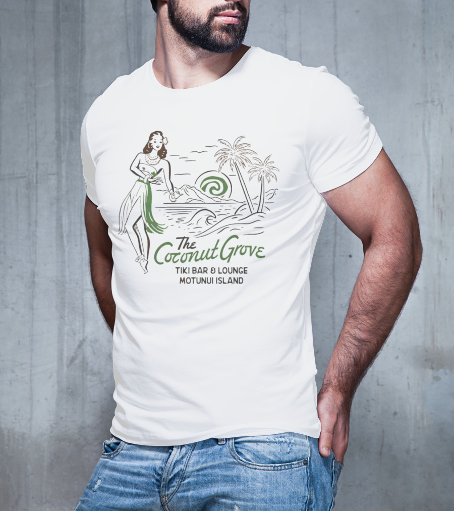 The Coconut Grove Tiki Bar And Lounge Motunui Island Woman With Palm Trees And Waves T-Shirt