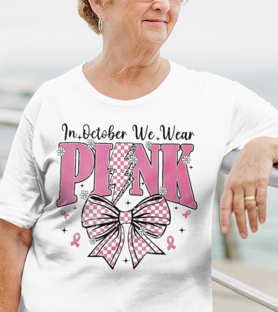 In October We Wear Pink Checkered Bow Lightning T-Shirt