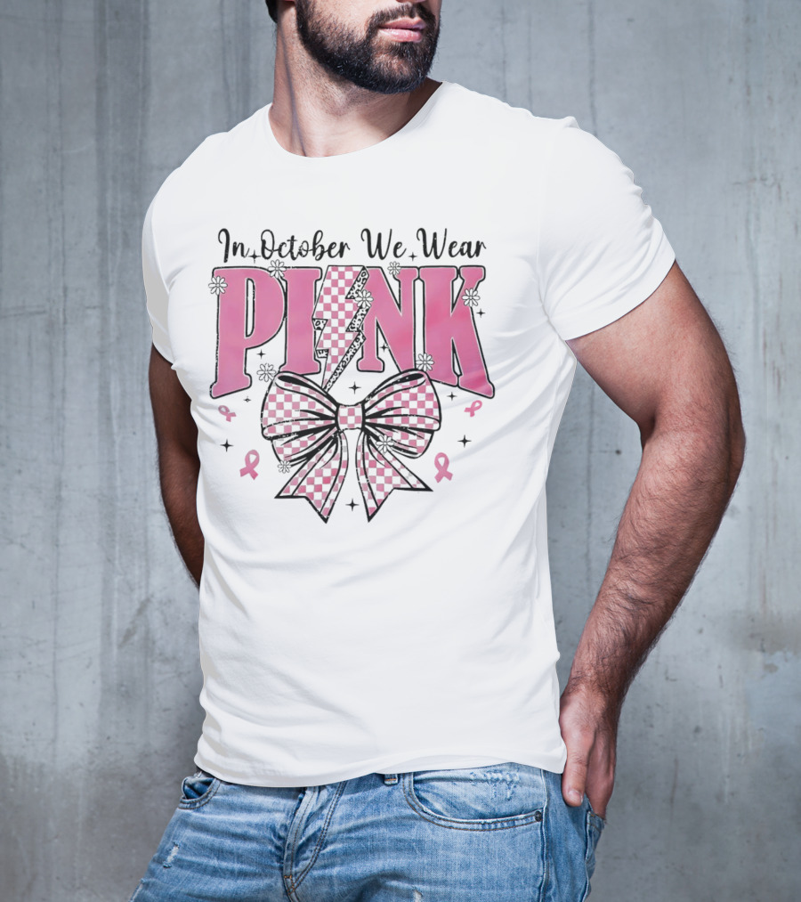In October We Wear Pink Checkered Bow Lightning T-Shirt