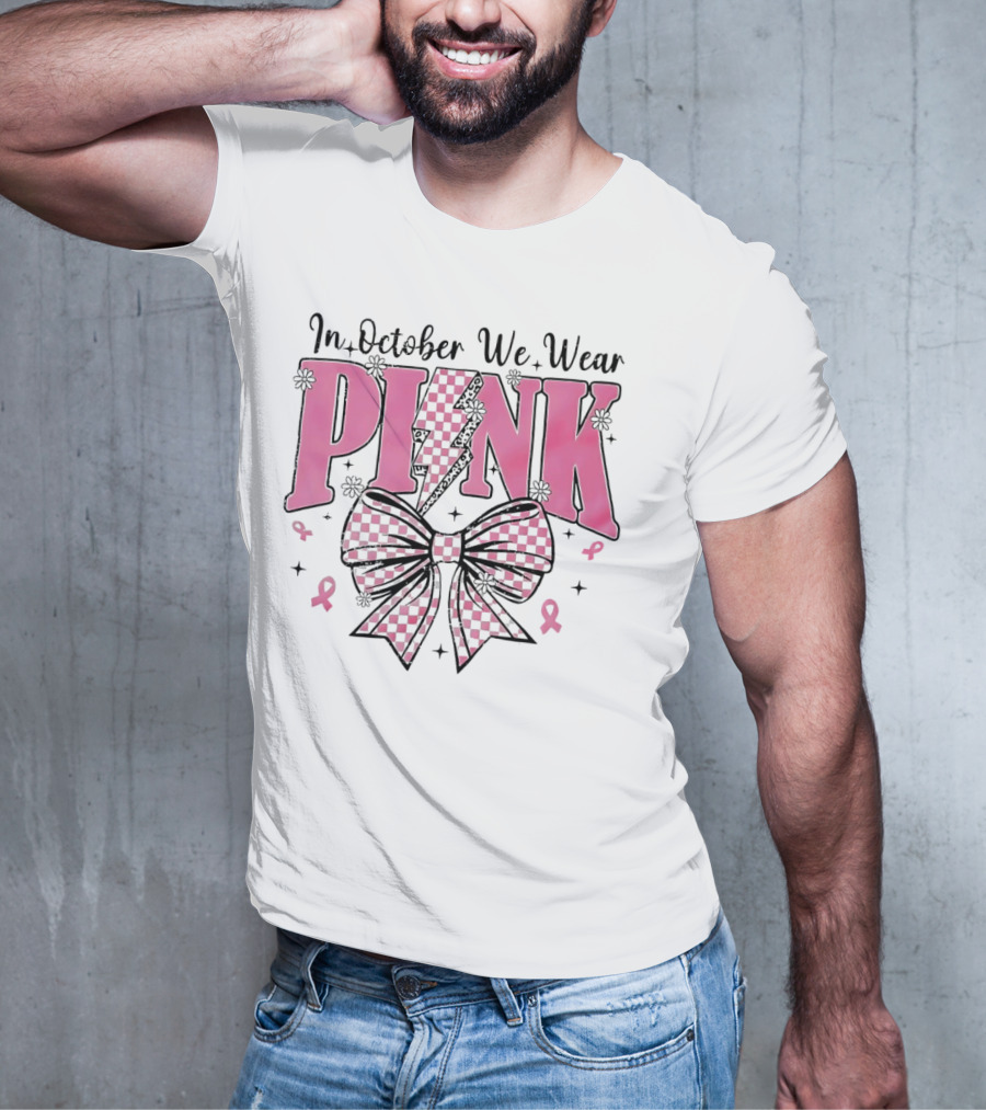 In October We Wear Pink Checkered Bow Lightning T-Shirt