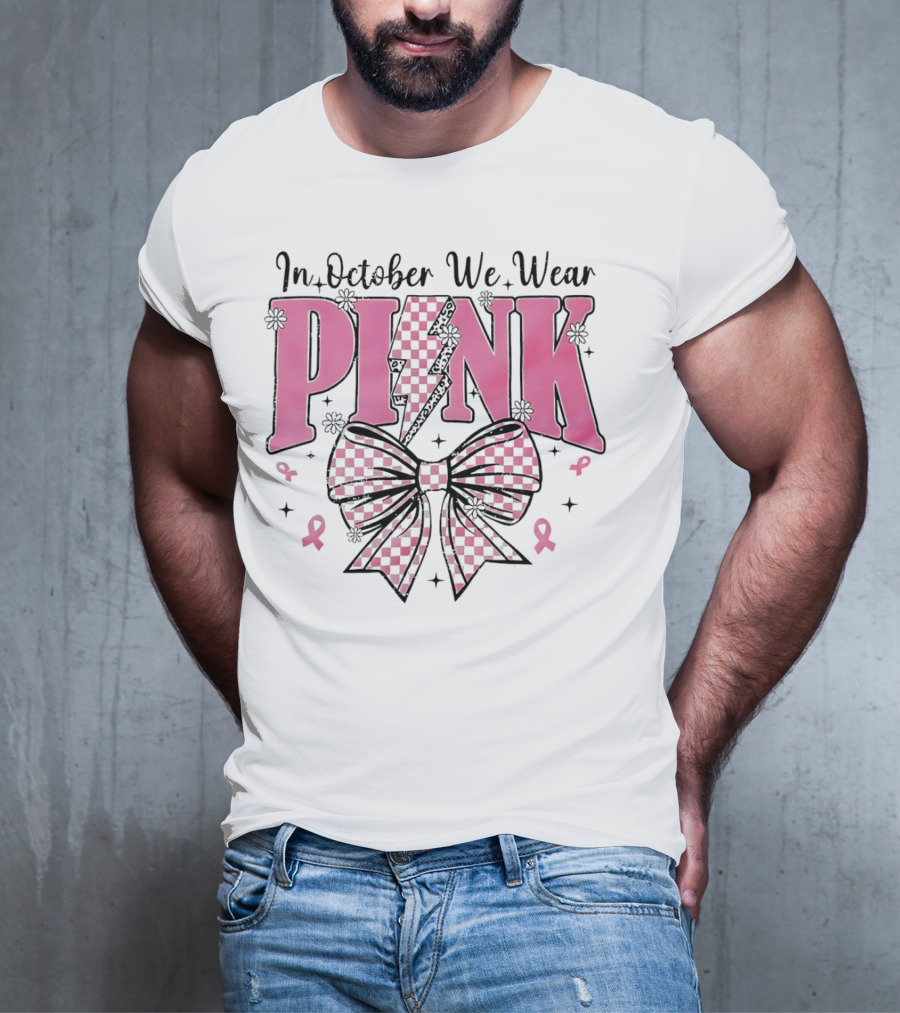 In October We Wear Pink Checkered Bow Lightning T-Shirt