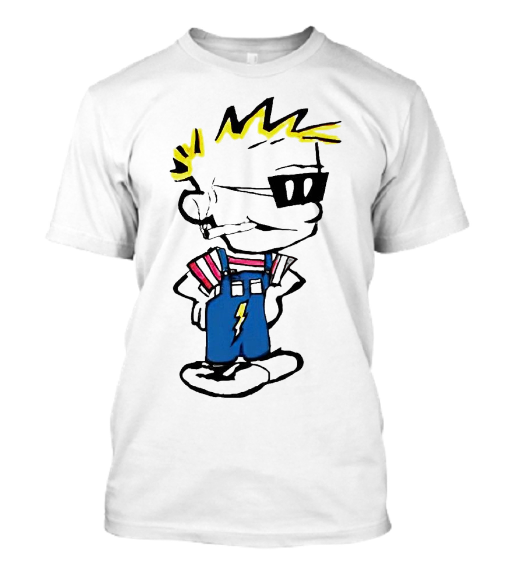 Calvin And Hobbes Spaceman Spiff Lightning Overalls Yellow Hair Sunglasses T-Shirt