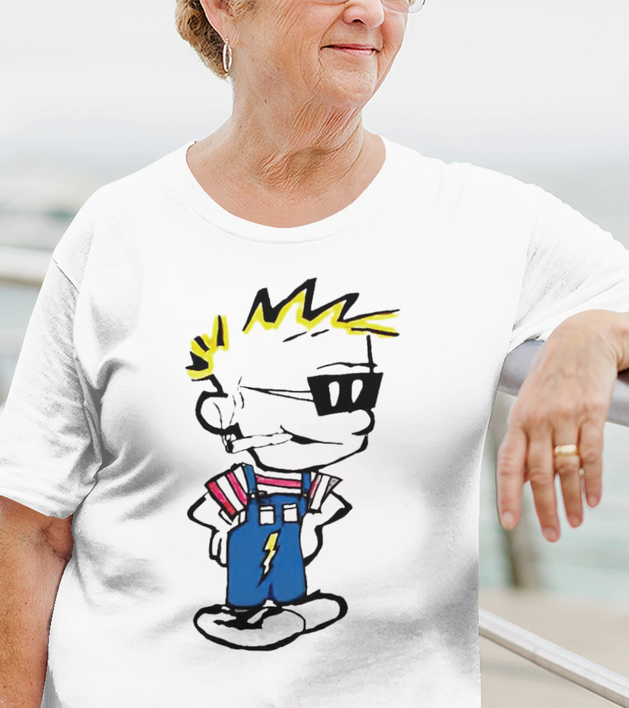 Calvin And Hobbes Spaceman Spiff Lightning Overalls Yellow Hair Sunglasses T-Shirt
