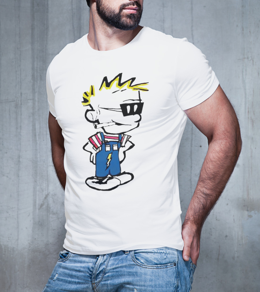 Calvin And Hobbes Spaceman Spiff Lightning Overalls Yellow Hair Sunglasses T-Shirt