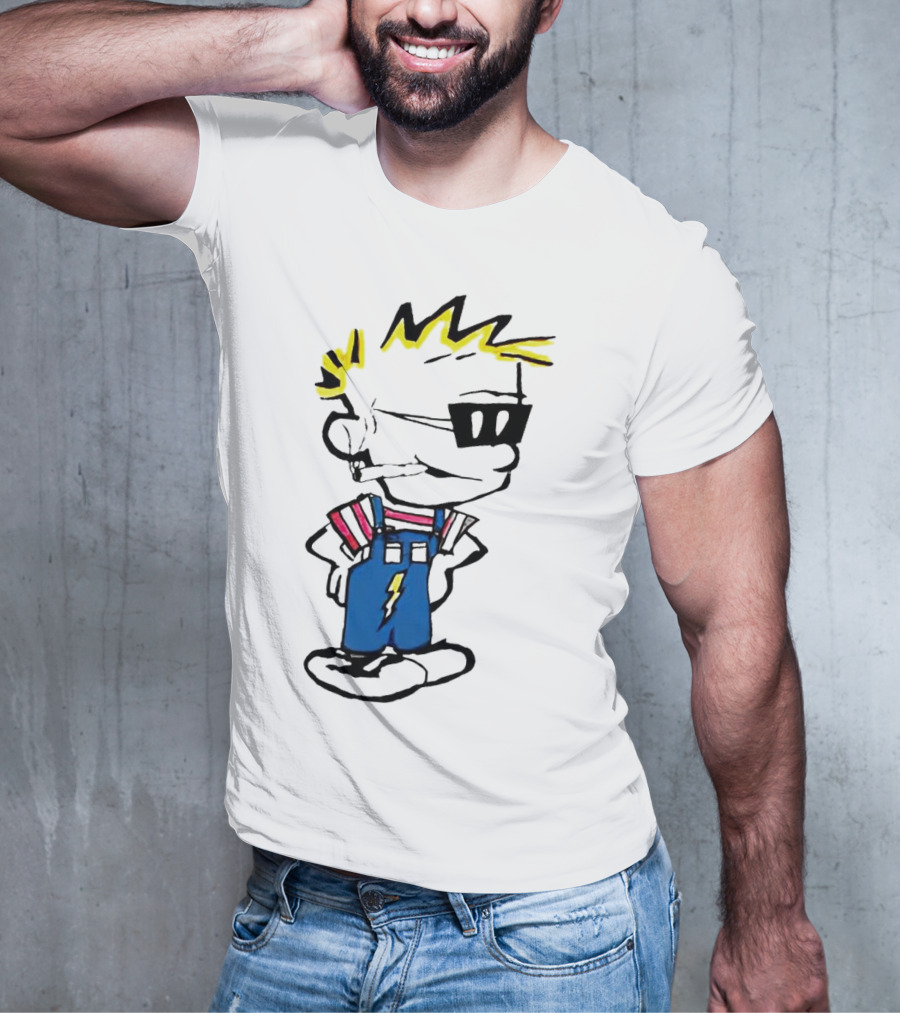 Calvin And Hobbes Spaceman Spiff Lightning Overalls Yellow Hair Sunglasses T-Shirt