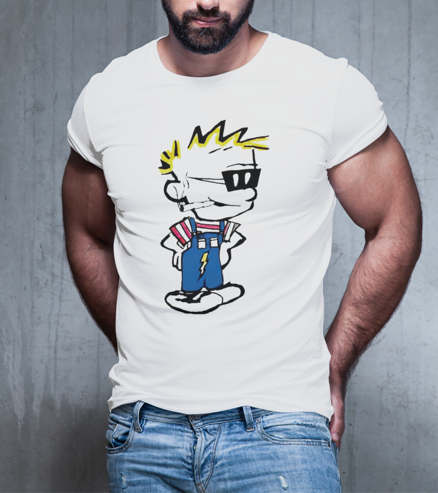 Calvin And Hobbes Spaceman Spiff Lightning Overalls Yellow Hair Sunglasses T-Shirt