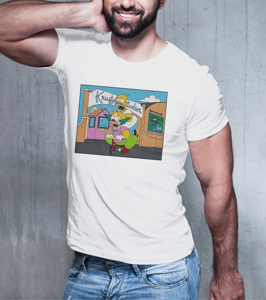 Krustyland Studios With Homer And Krusty The Clown On Bicycle From The Simpsons T-Shirt